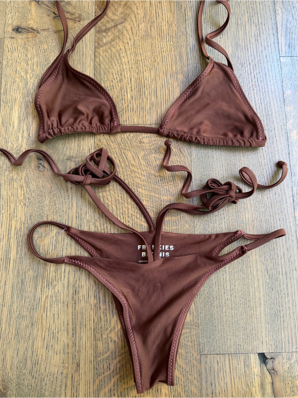 Frankie’s Bikinis Brown Triangle String Bikini Set